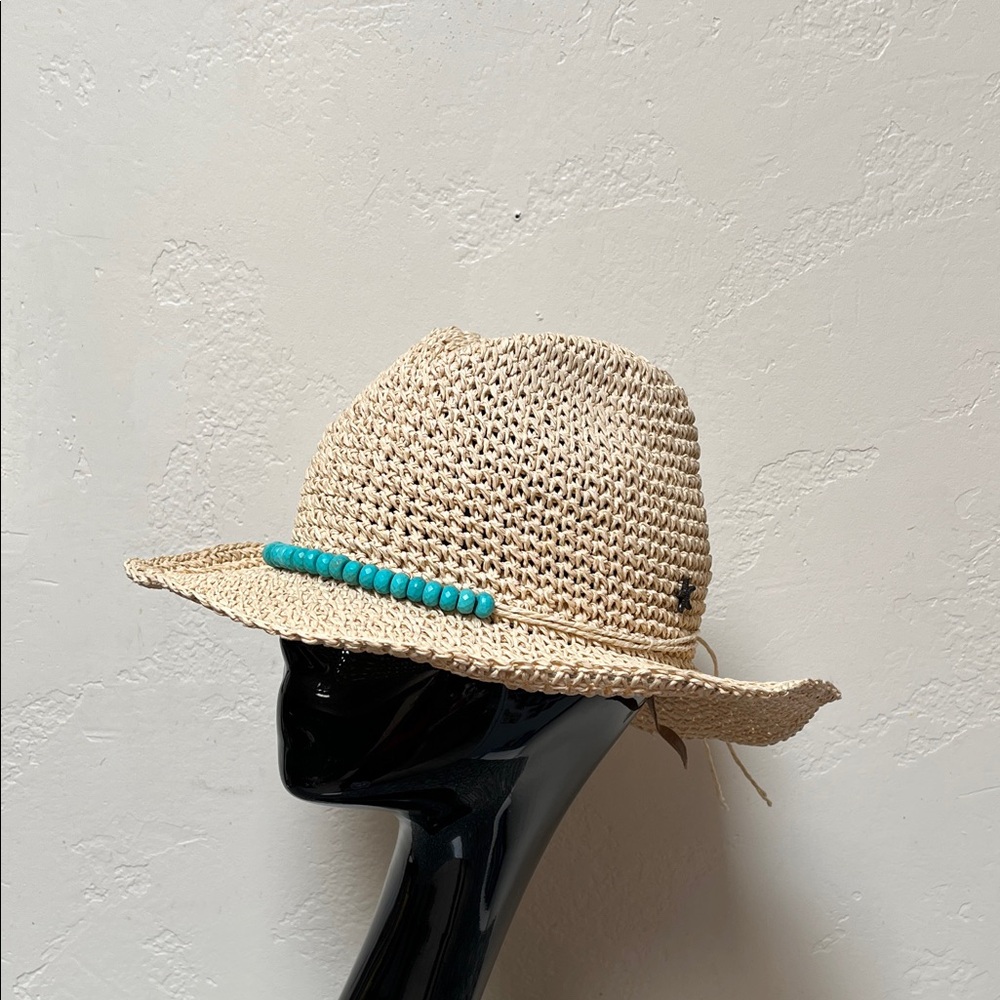 Elegant Beige Straw Hat with Turquoise Accents